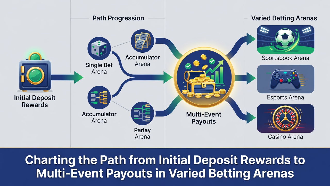 Illustration of multi-event accumulator construction linking deposit bonuses to live betting payouts
