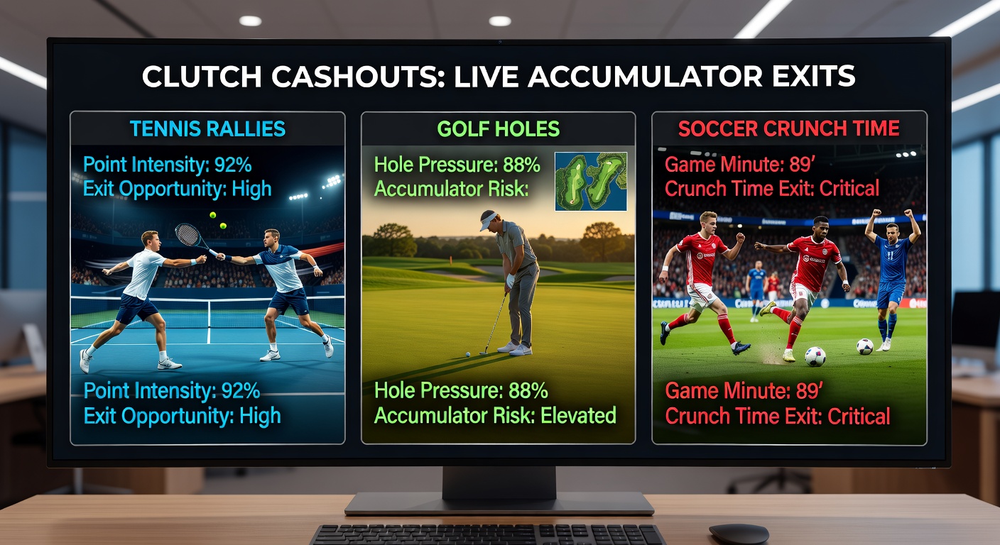 Close-up of golfer lining up a crucial putt on the green, overlaid with live betting accumulator cashout interface during a tense hole