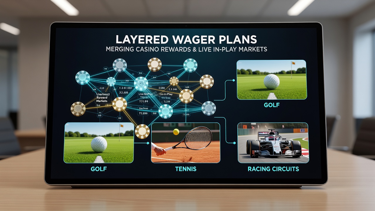 Layered betting interface showing casino rewards combined with live golf tennis and racing odds