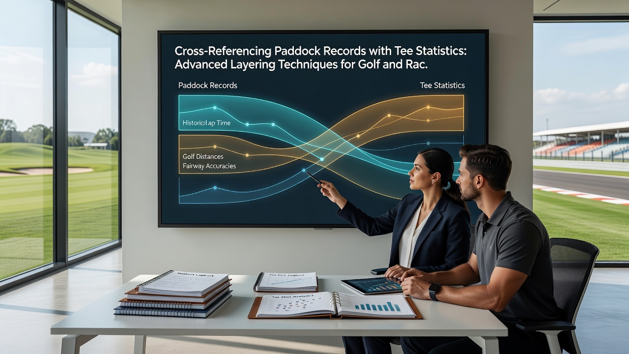 Split-screen display of horse paddock inspection and golf tee shot analytics used in accumulator planning