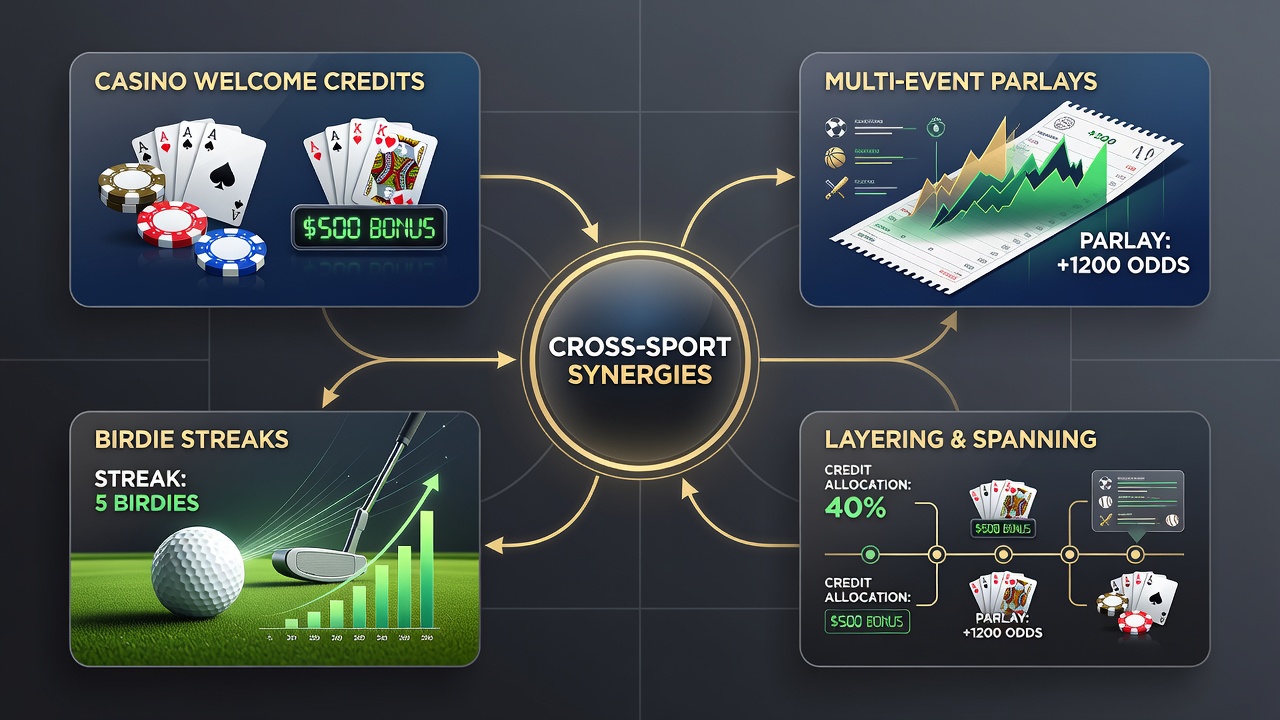 Multi-event accumulator diagram blending golf, tennis, adn horse racing outcomes with bonus credit allocation