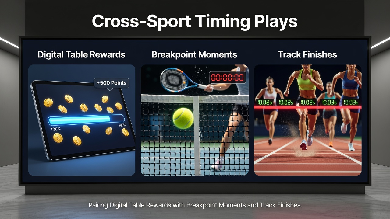 Athletes and bettors coordinating timing across digital casino tables, tennis courts, and horse racing tracks during key moments