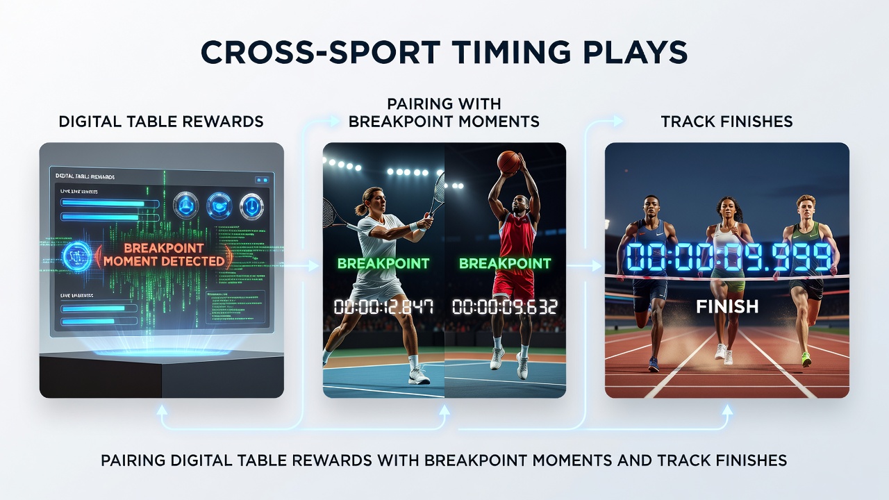 Split screen showing synchronized digital table interface, tennis scoreboard at breakpoint, and horse racing finish line photo