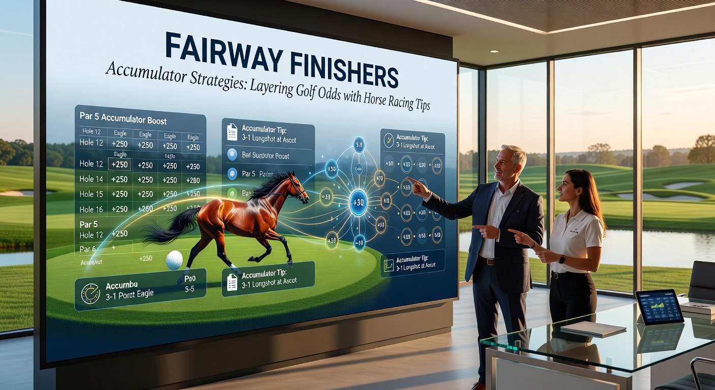 Golfers on a sunlit fairway transitioning to a horse racing finish line, symbolizing blended accumulator betting strategies