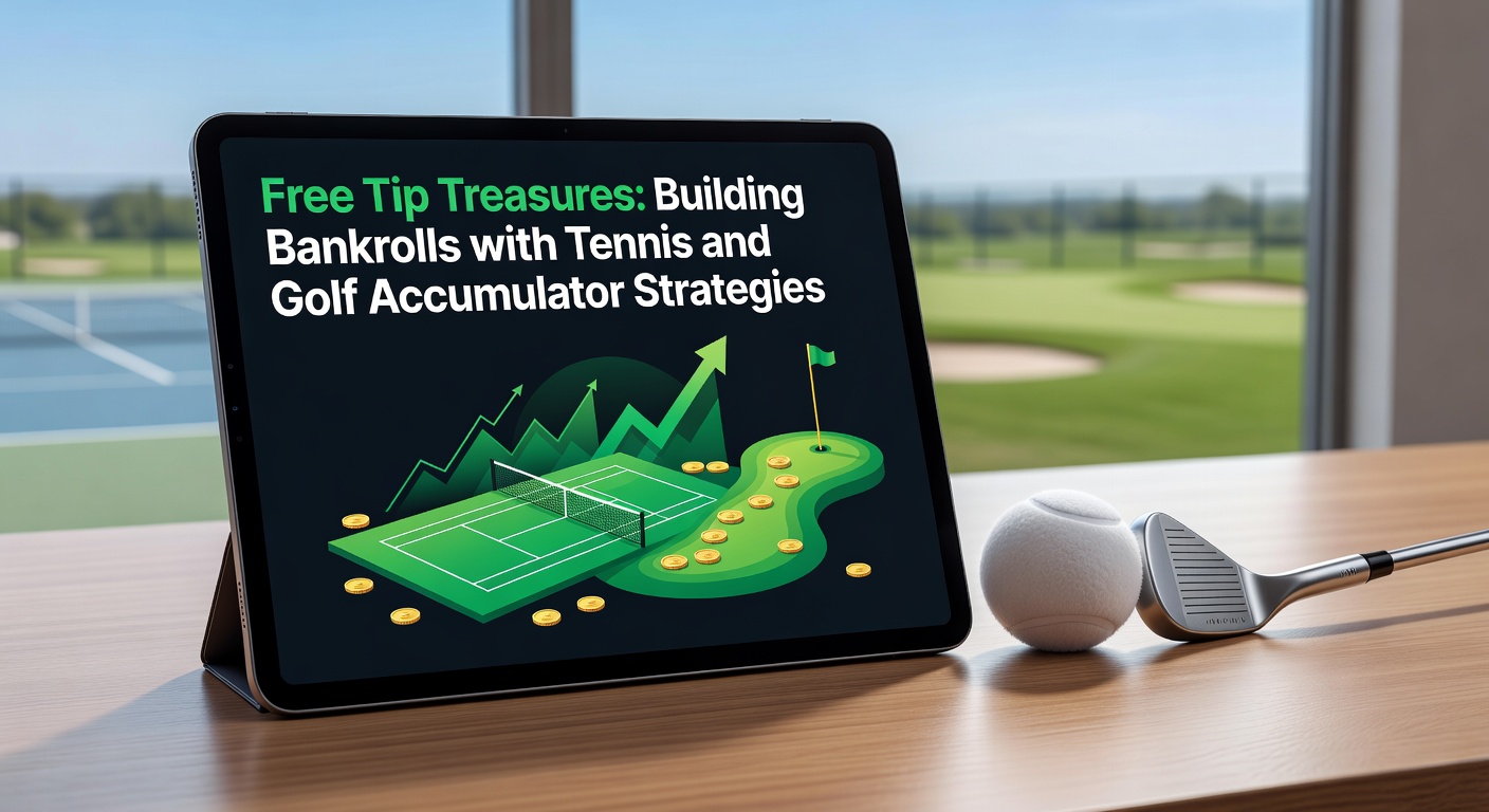 Tennis player serving on clay court with golf fairway in blurred background, symbolizing blended accumulator bets