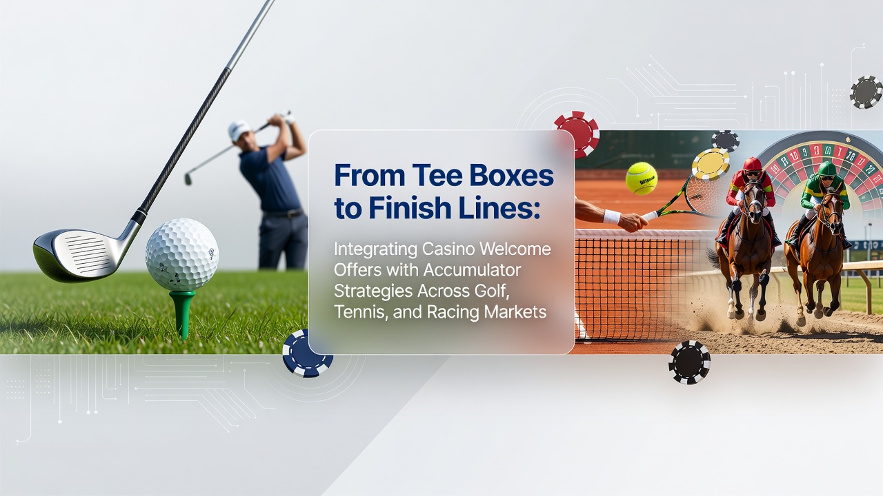 Golf tee box transitioning into a racetrack finish line with tennis court elements in the background, symbolizing cross-sport accumulator betting strategies