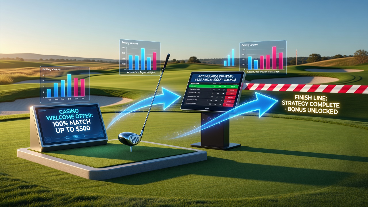 Tennis player on court next to a horse racing track, illustrating accumulator strategies that blend welcome offers across golf, tennis, and racing