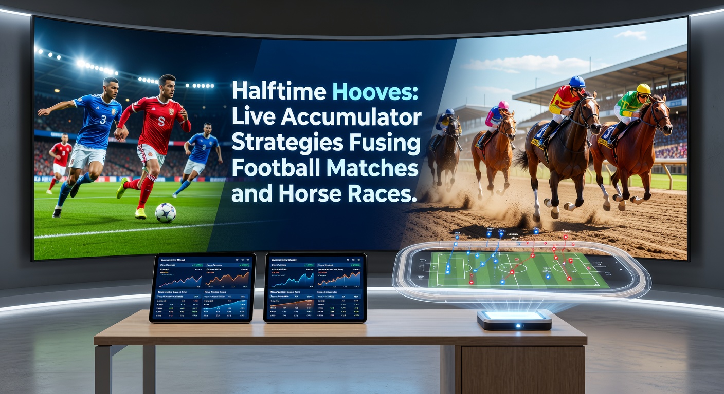 Split-screen view capturing a tense soccer halftime huddle alongside thundering horse hooves on a rain-slicked track, illustrating the fusion of live betting worlds