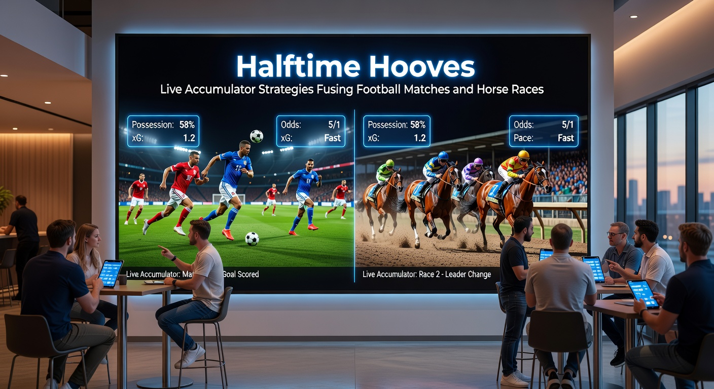 Close-up of a bet slip on a mobile screen showing a live accumulator with soccer halftime odds merged with horse race selections, odds multipliers glowing brightly