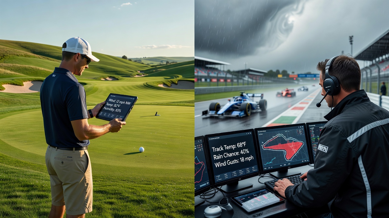 Golf course fairways and greens under shifting weather patterns with overlaid forecast data
