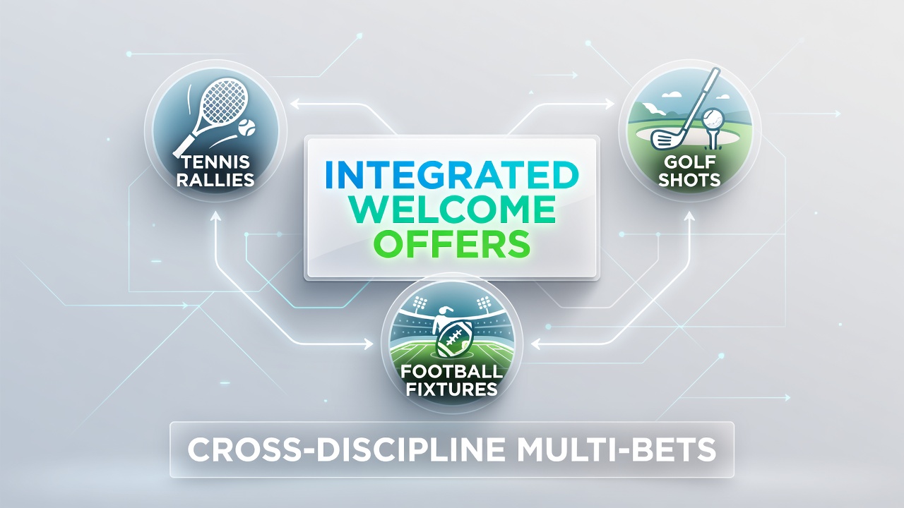 Sports betting interface displaying combined tennis, golf, and football selections with bonus indicators