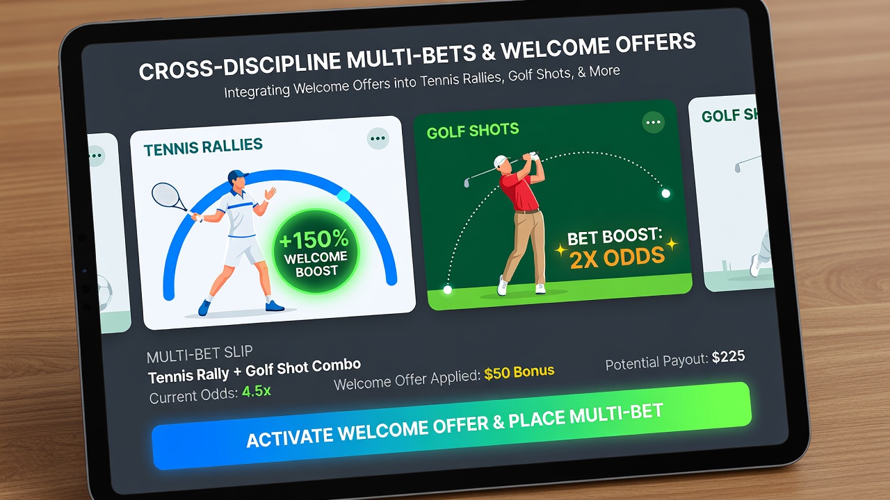 Accumulator bet slip showing tennis golf and football legs with applied welcome bonus