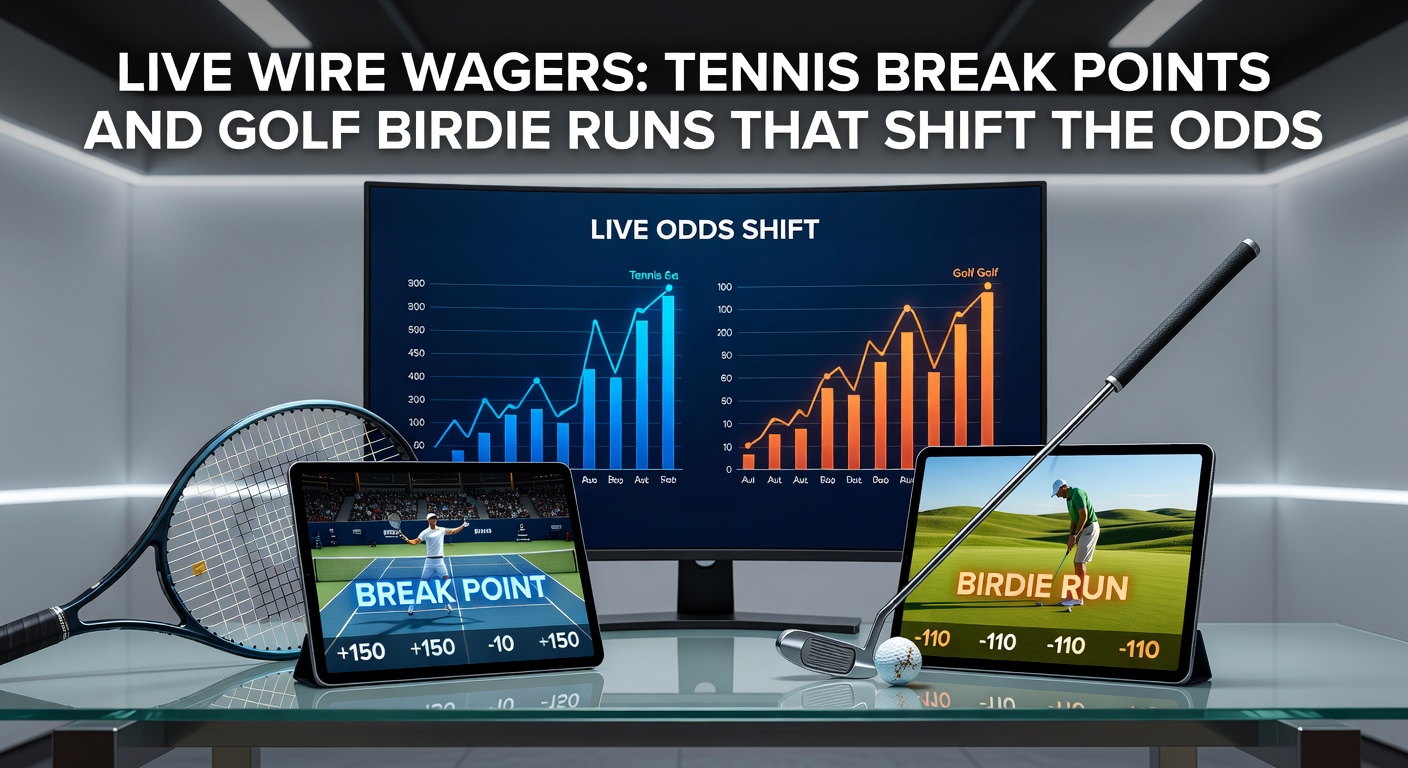 Tennis player celebrating a break point win on clay court during a high-stakes match, with odds board in background showing rapid shifts
