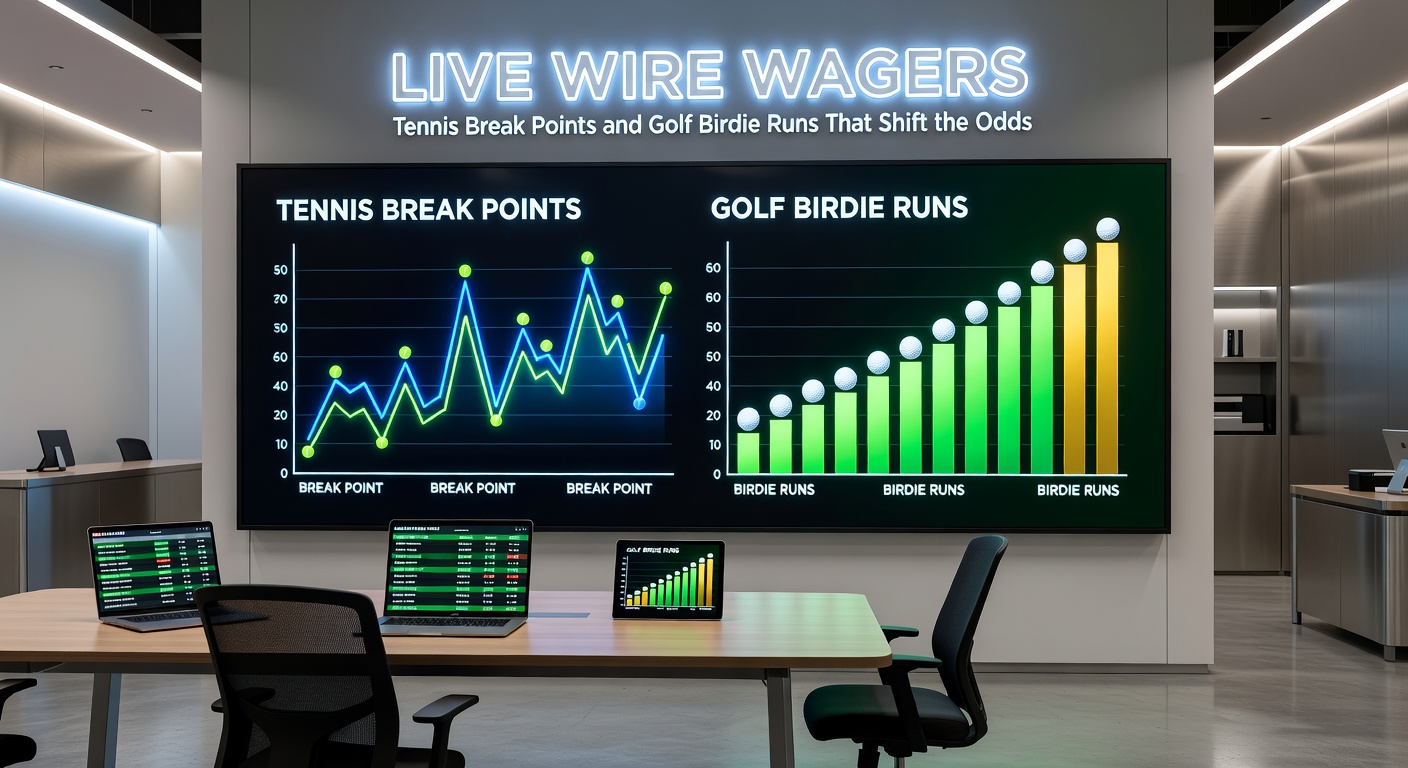 Golfer sinking a birdie putt on a sunlit green amid a tournament round, with digital odds overlay illustrating mid-round shifts