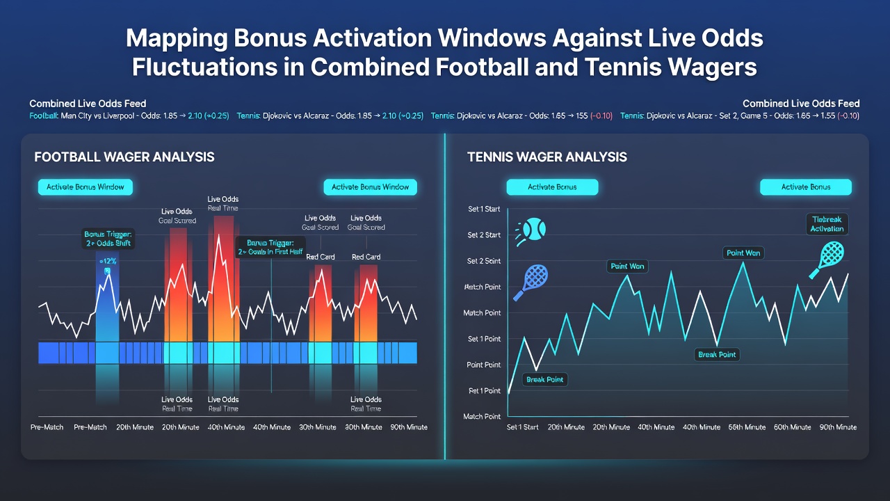 Timeline graphic illustrating football and tennis live odds spikes aligned with bonus trigger points