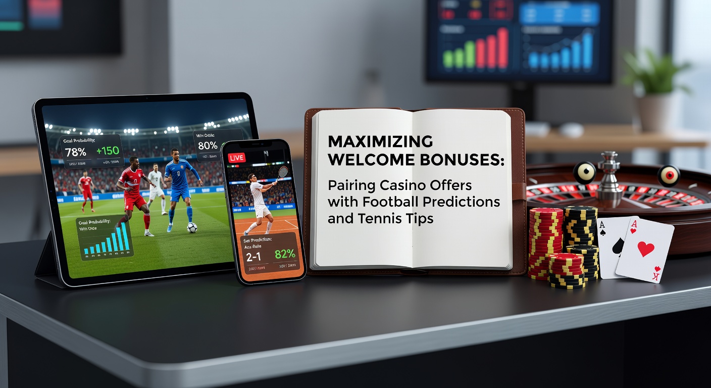 Casino welcome bonus screen showing deposit match offers alongside football match odds and tennis player stats