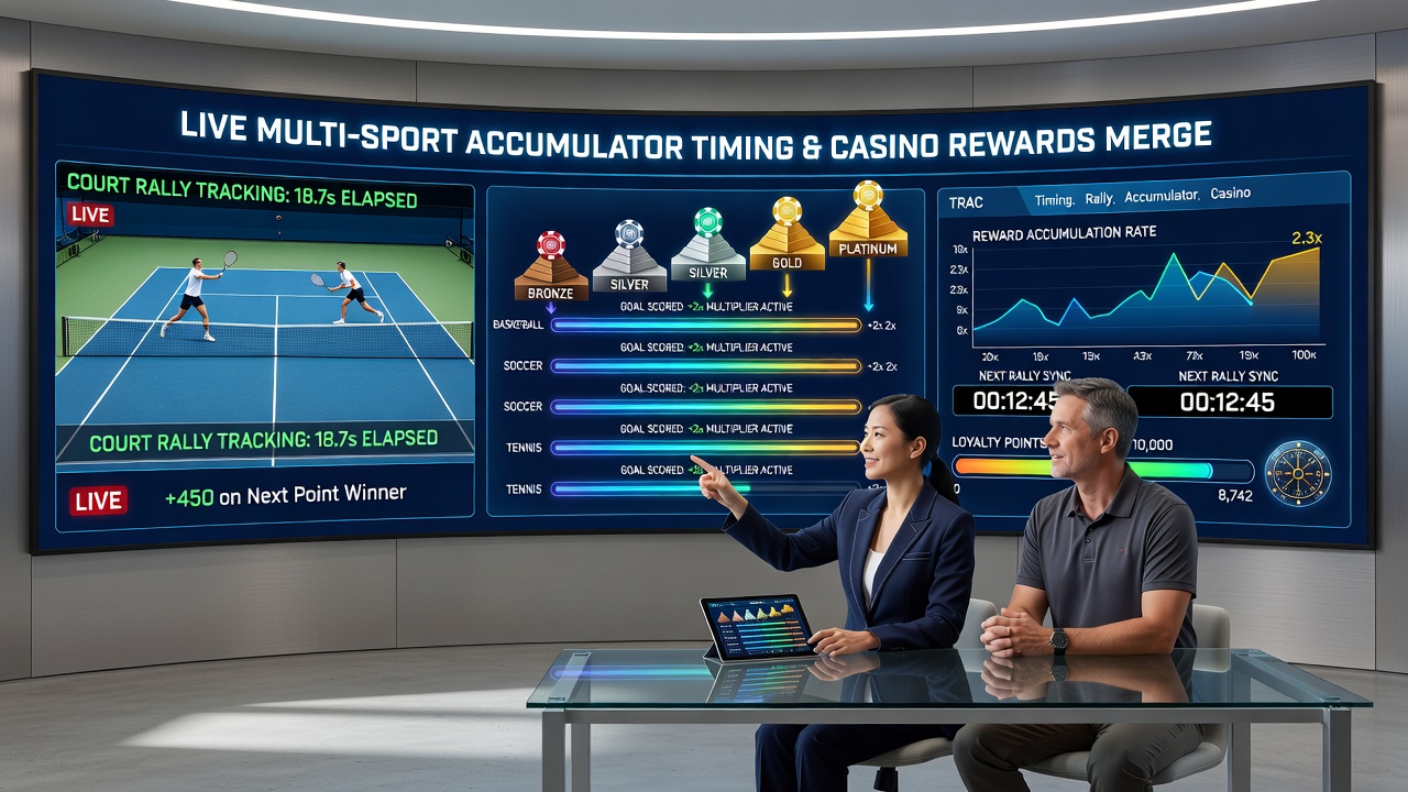 Live accumulator interface showing merged casino rewards during tennis, racing, and soccer events