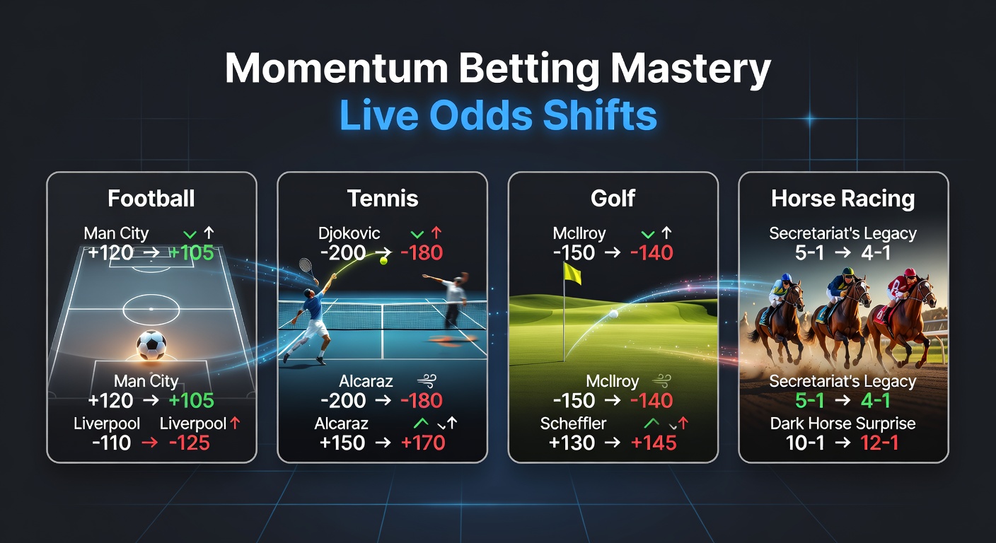 Dynamic live betting screen showing shifting odds during a football match with momentum building for one team