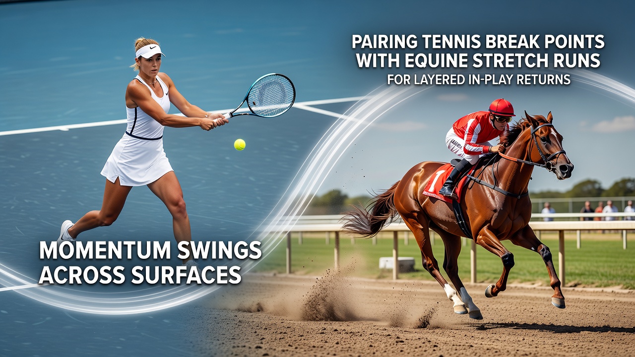 Tennis player preparing for a serve on a clay court beside a horse accelerating down the home stretch on a racetrack, illustrating cross-surface momentum analysis