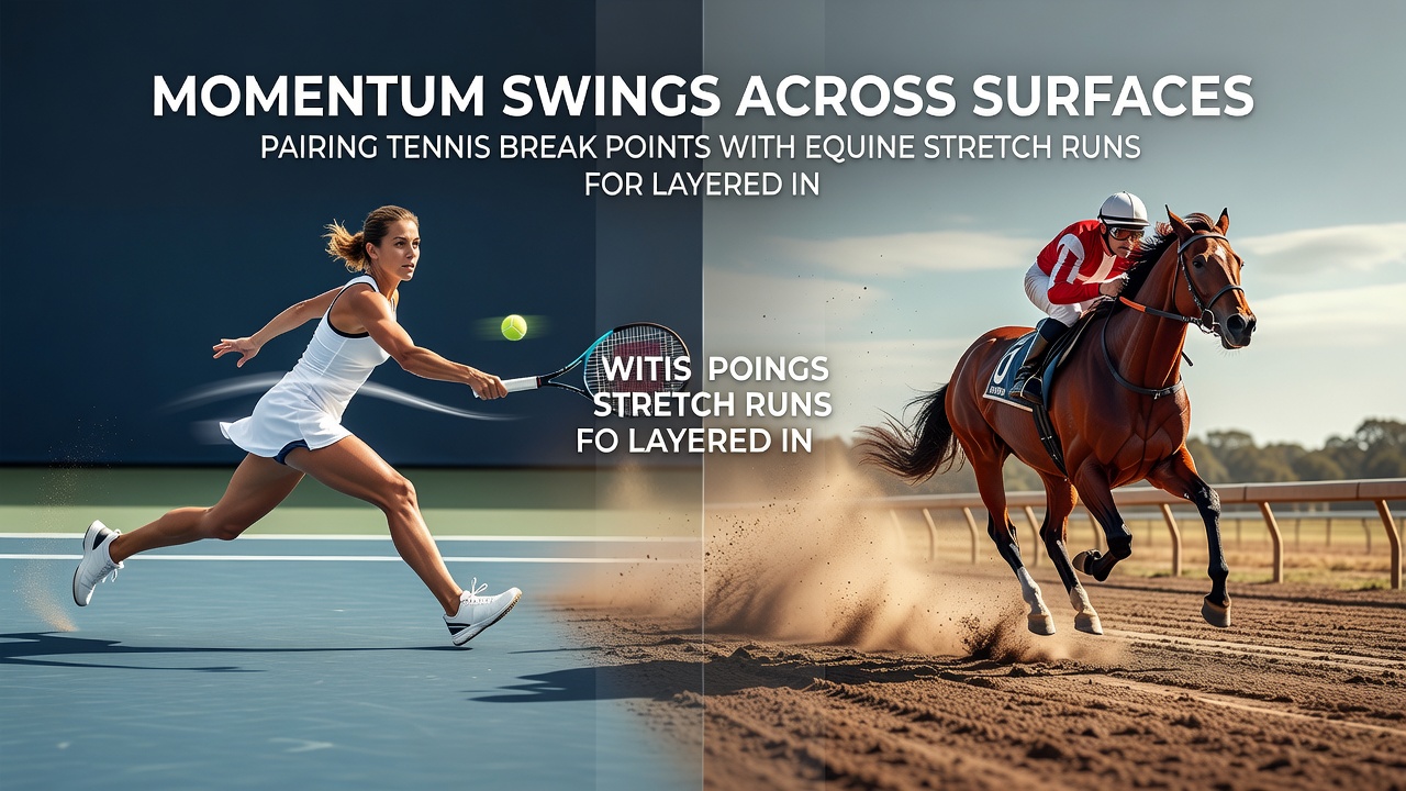 Split view of a tennis match point and a horse race photo finish, highlighting momentum indicators used in combined betting strategies