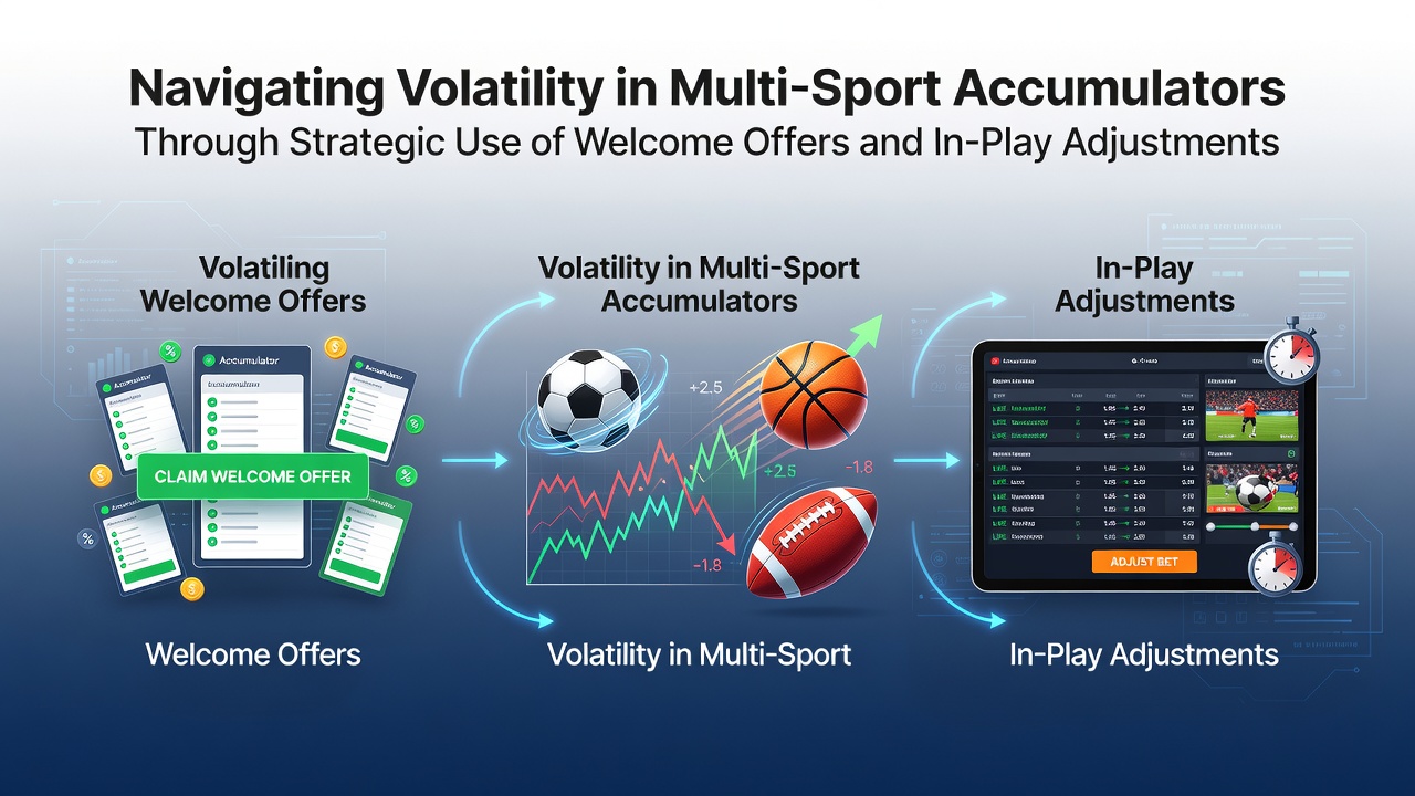 Illustration of multi-sport accumulator bets showing soccer, tennis, and horse racing elements with volatility indicators