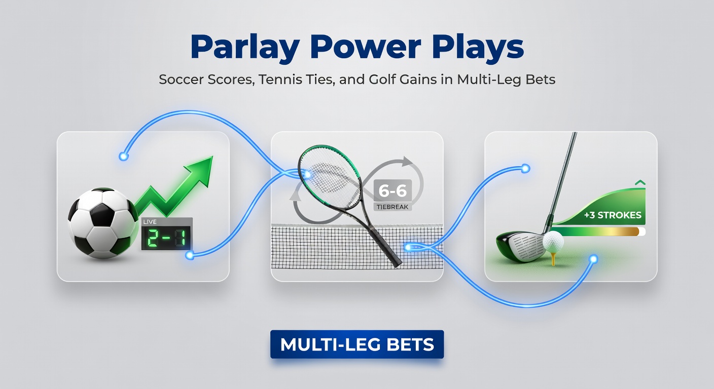 Dynamic collage of soccer goal celebration, tennis tiebreak action, and golf birdie putt, illustrating multi-sport parlay excitement