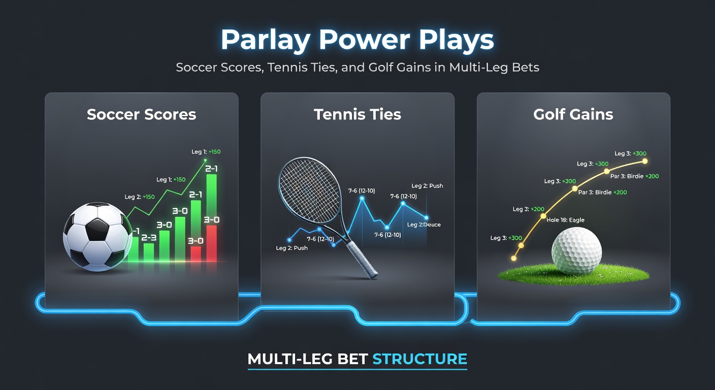 Close-up action shots of tennis tiebreak serve, soccer net ripple from goal, and golf flagstick birdie drop, highlighting parlay synergy