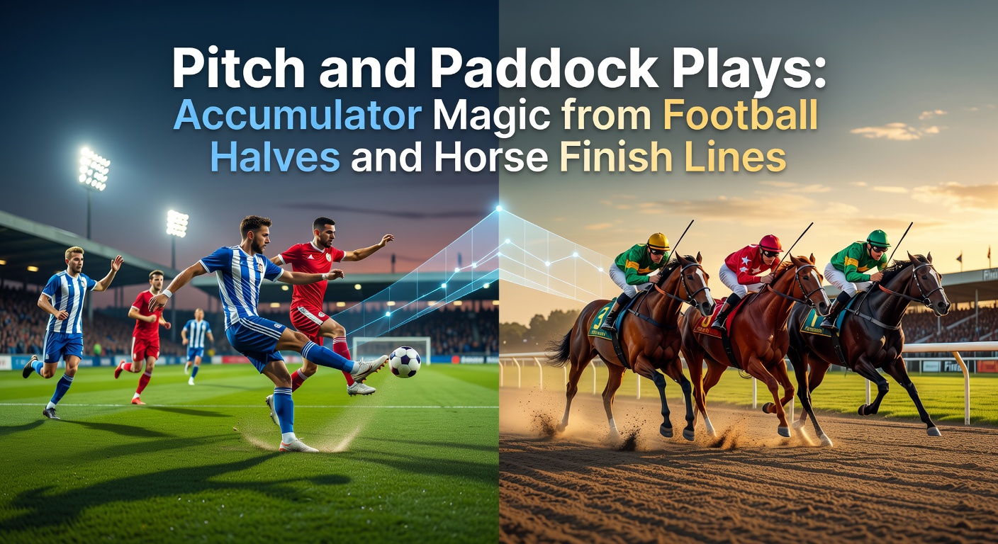 A dynamic split-image showing a soccer player mid-kick on a rainy pitch alongside a horse thundering toward the finish line, capturing the high-stakes energy of accumulator betting