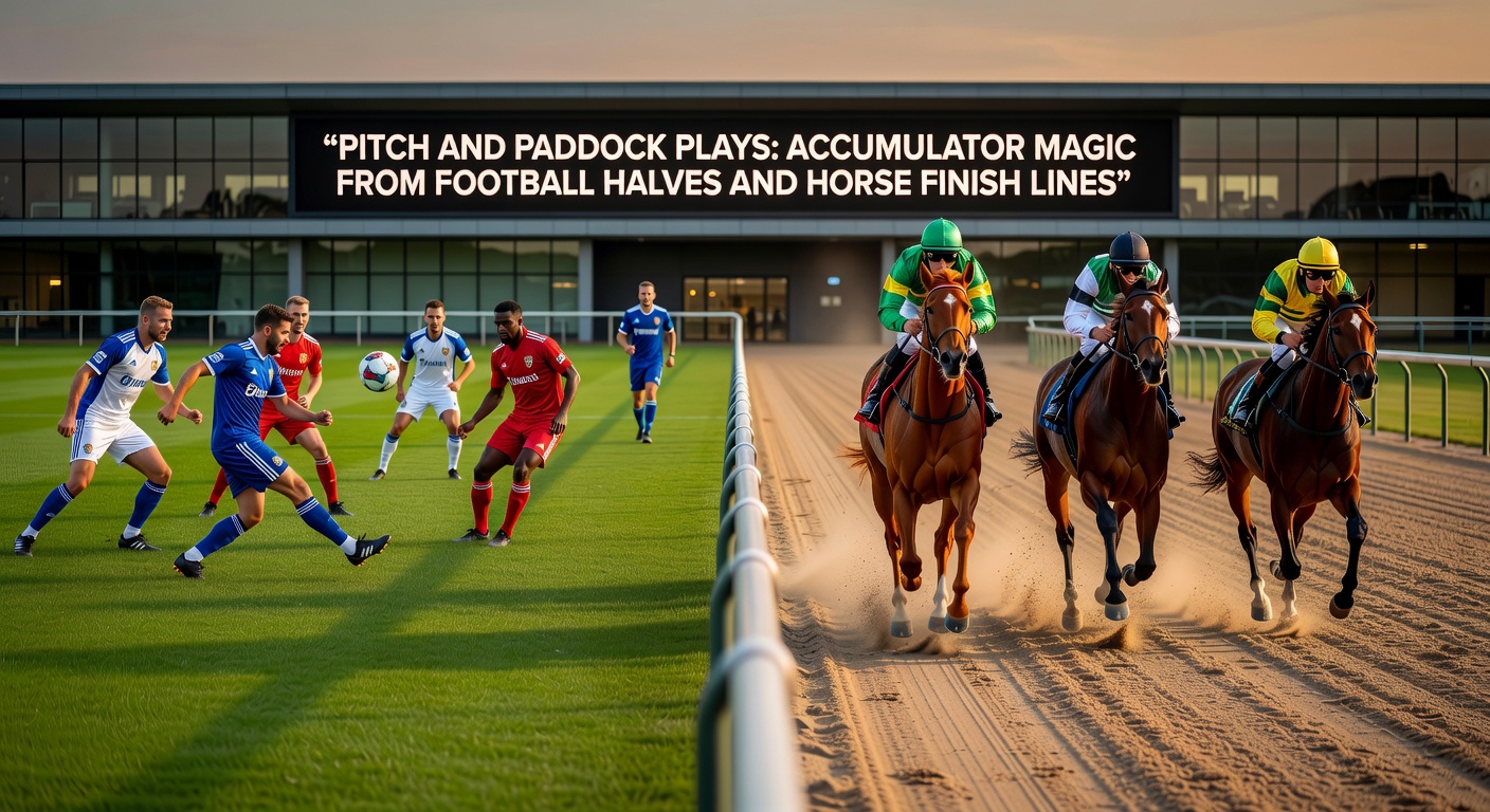 Close-up of horses necks-apart at the wire in a sunlit race, with overlaid soccer goal celebration in the background, symbolizing the precision needed in accumulator timing