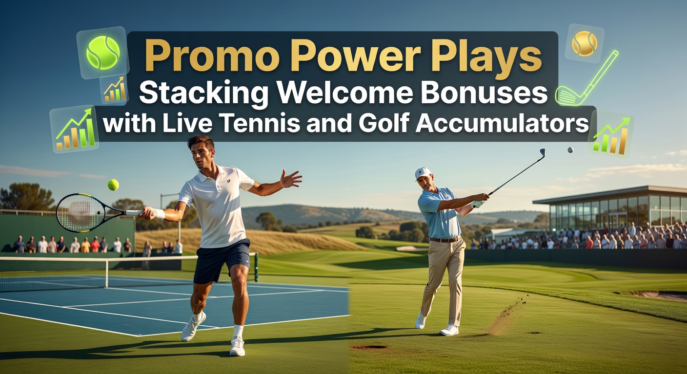 Dynamic scene of a tennis player serving during a live match with overlaid betting odds and accumulator graphics, highlighting high-stakes action