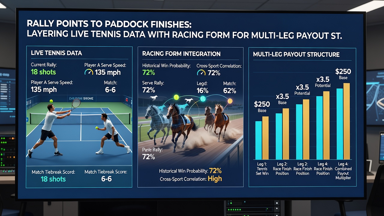 Digital dashboard displaying combined tennis statistics and horse racing form charts for accumulator betting