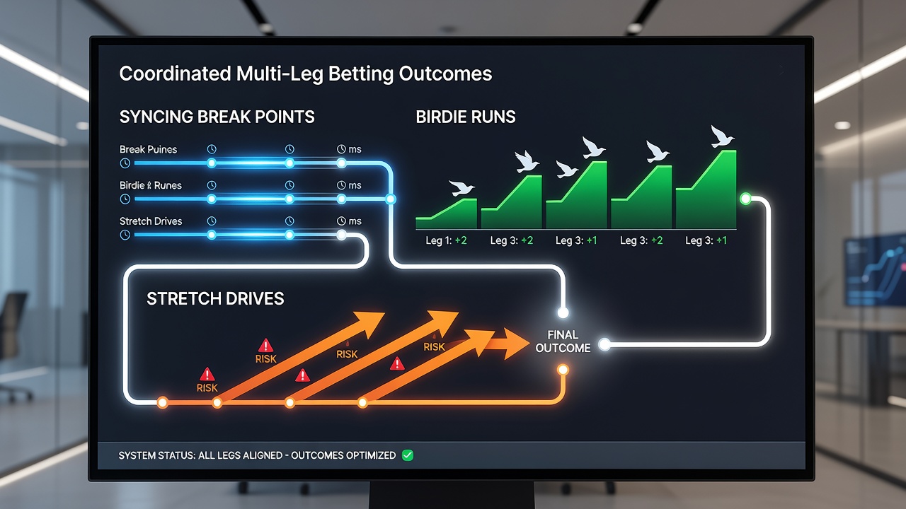 Split screen showing synchronized live odds for tennis break point, golf birdie run, and horse racing stretch drive