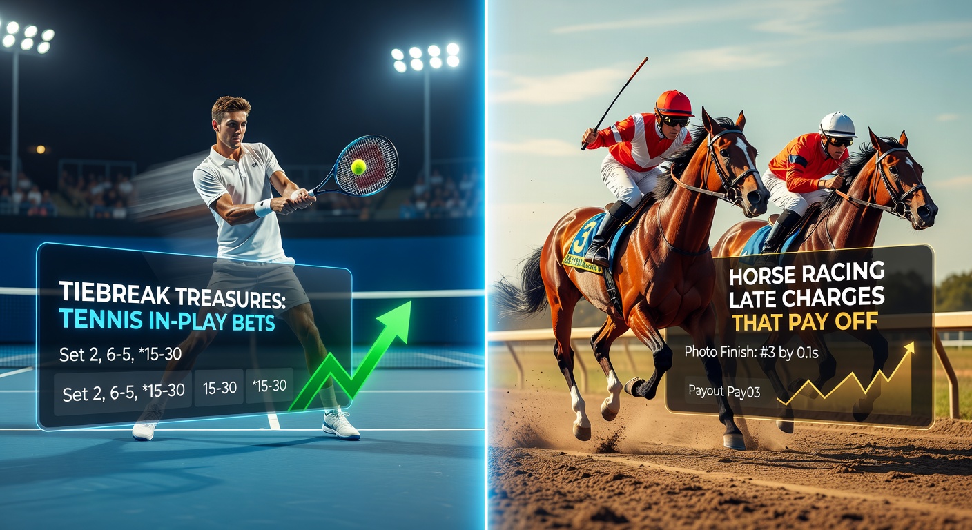 Dynamic action shot of a tennis player mid-tiebreak serve and a horse surging late in a race, capturing high-stakes live betting moments