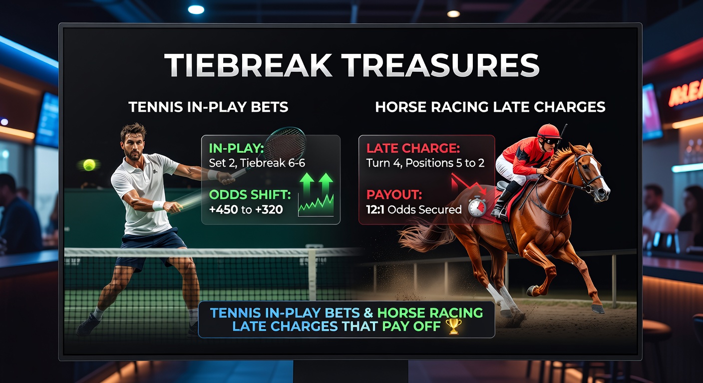 Close-up of horses thundering down the final furlong with a late-charging outsider overtaking leaders, evoking the thrill of stretch-run betting