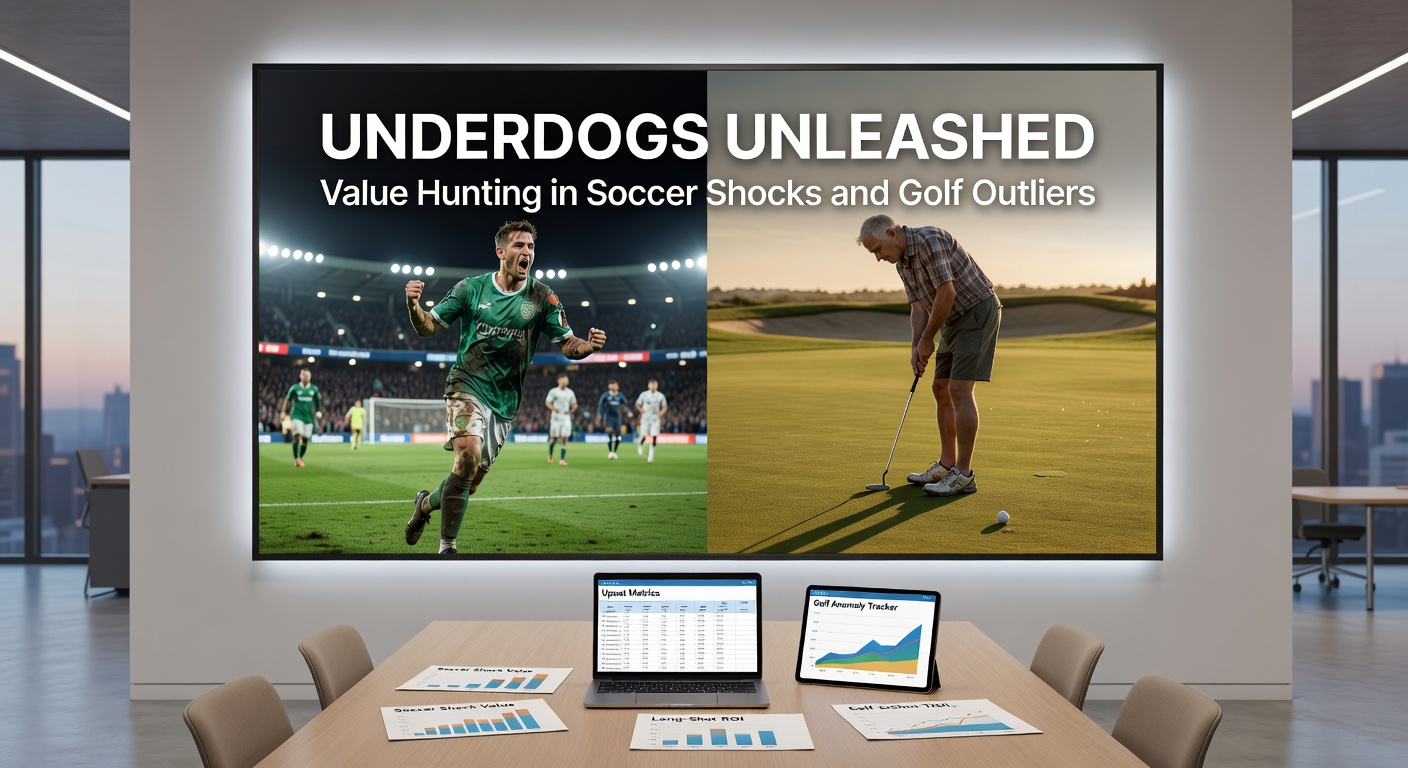 Golf leaderboard showing an underdog climber alongside a soccer pitch erupting in celebration after a shock victory, illustrating value opportunities across sports