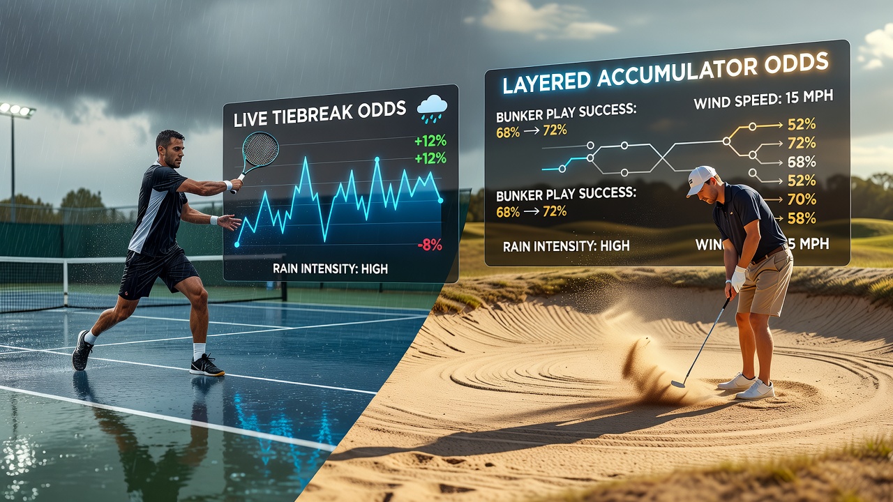 Tennis court under light rain with visible surface changes affecting player movement during a tiebreak