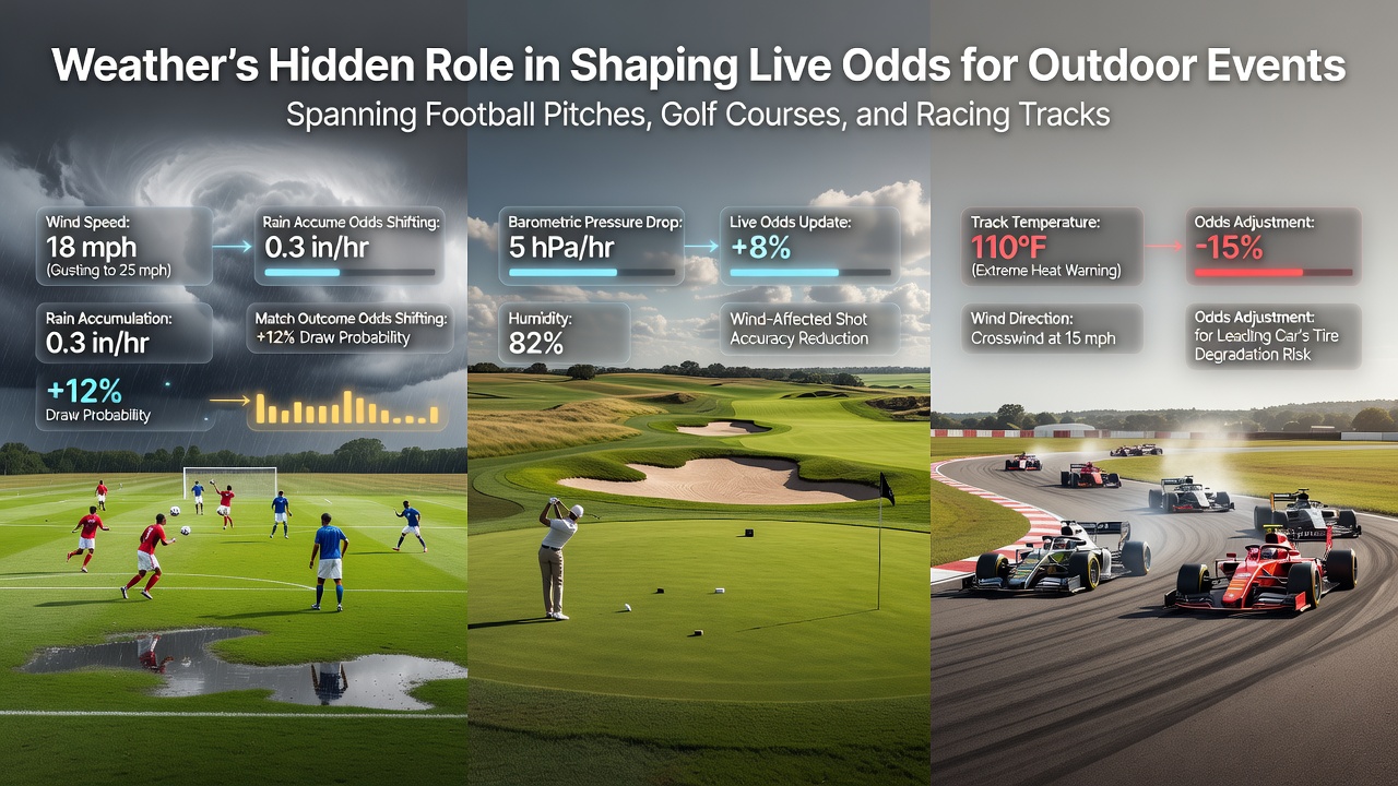 Weather impacting live odds on a rain-soaked football pitch during an outdoor match