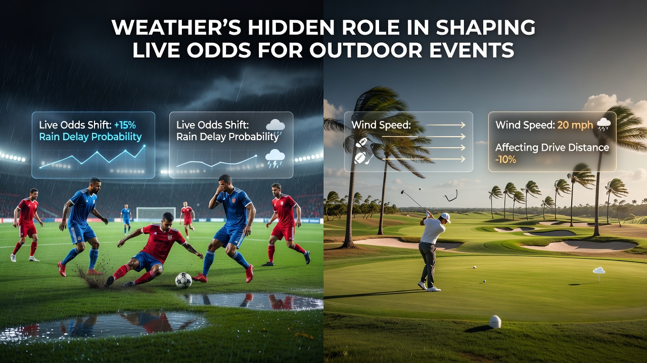 Golf course under windy conditions affecting live betting odds during a tournament round