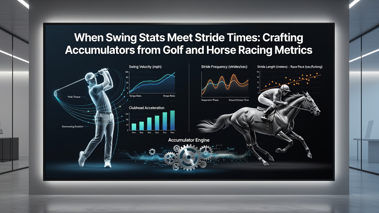 Split screen graphic illustrating golf launch monitor readings alongside equine stride timing graphs used in cross-sport accumulator construction